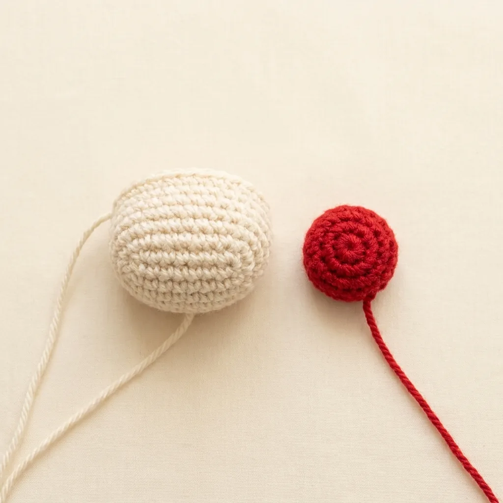 Cream crochet muzzle and red crochet nose components