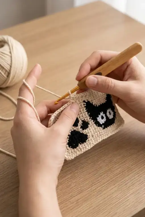 Relaxed crochet hook grip and yarn control for consistent cat tote tension