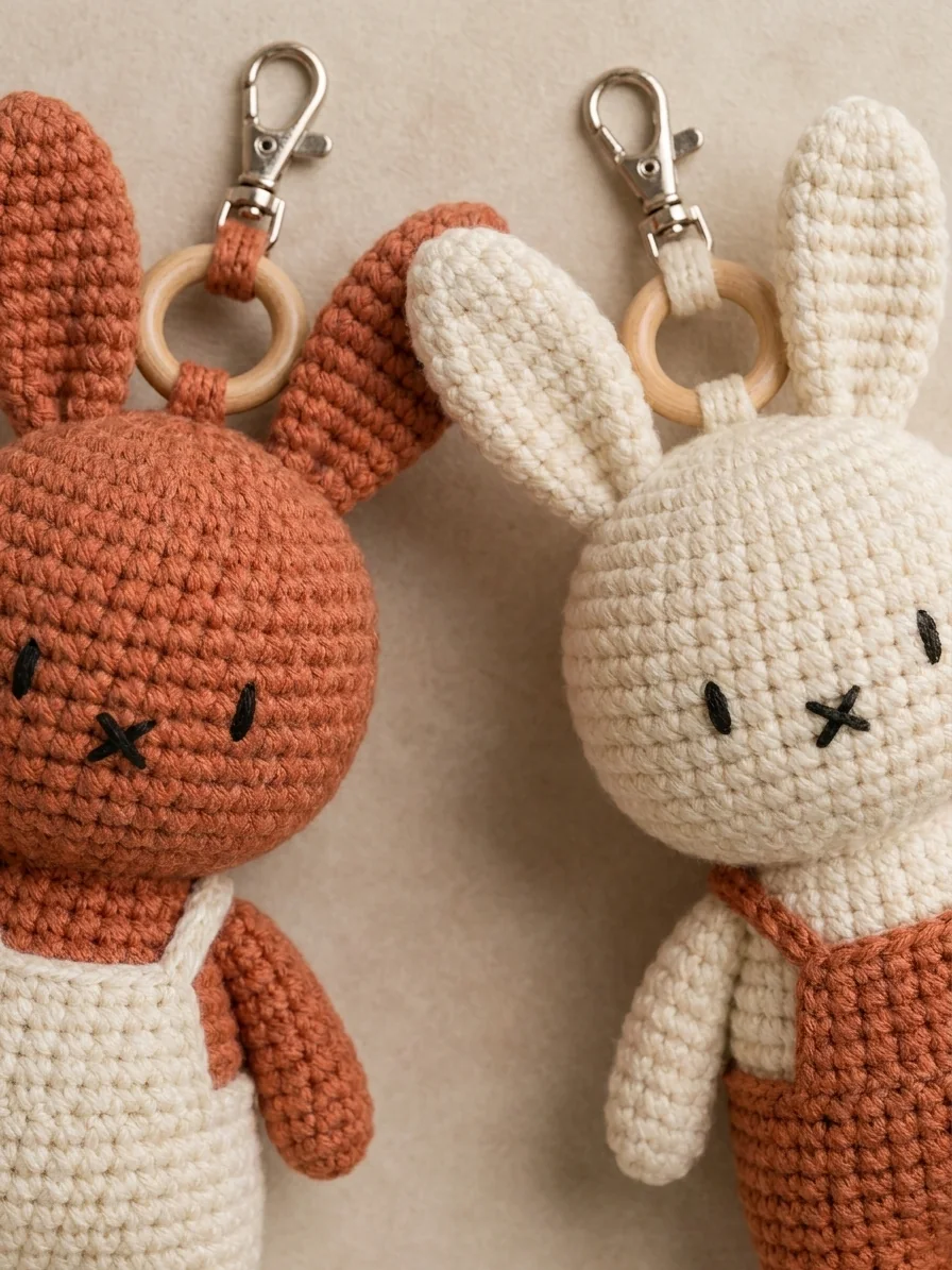 The Two-Tone Rust-and-Cream Color Story with a rust and cream crochet bunny keychain