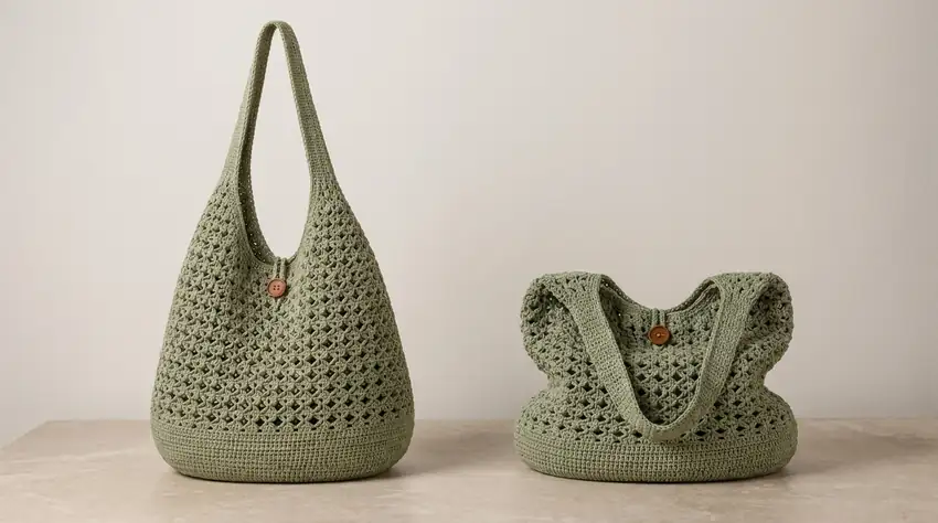 Comparison of a tall structured sage green market bag and a floppy bag with poor tension