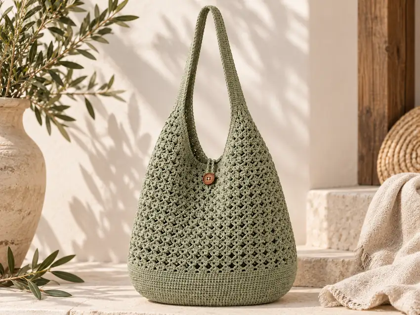 Sage green market bag with even tension, structured shape, openwork body and long handles