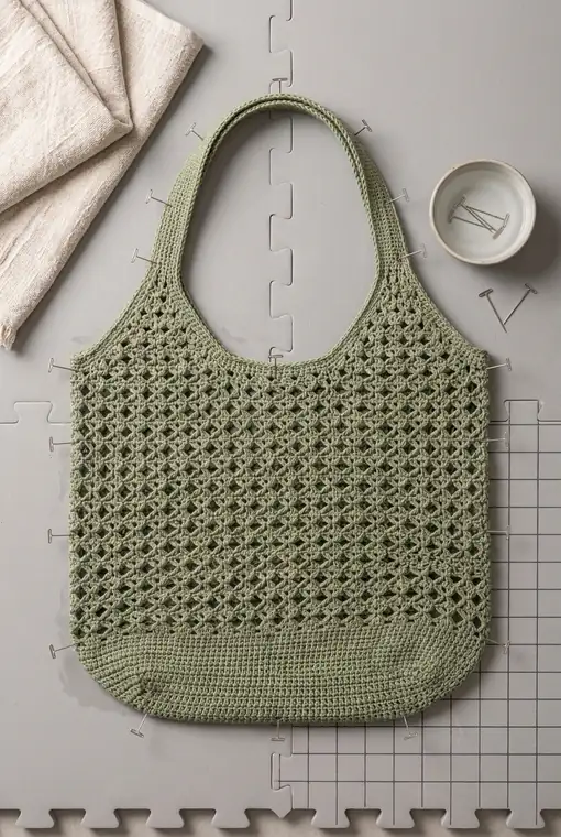 Sage green crochet market bag filled with produce at a farmers market