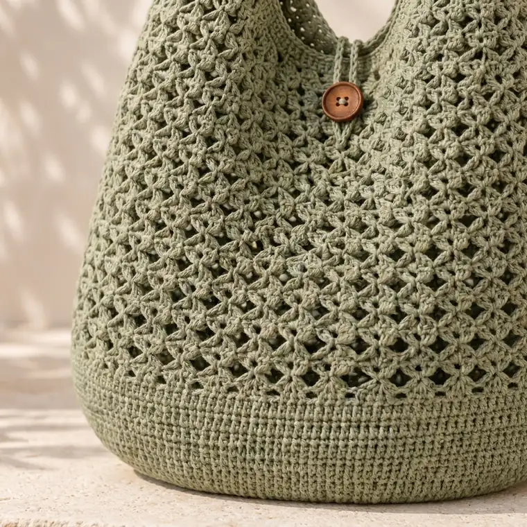 Close-up of even stitches in a sage green crochet market bag