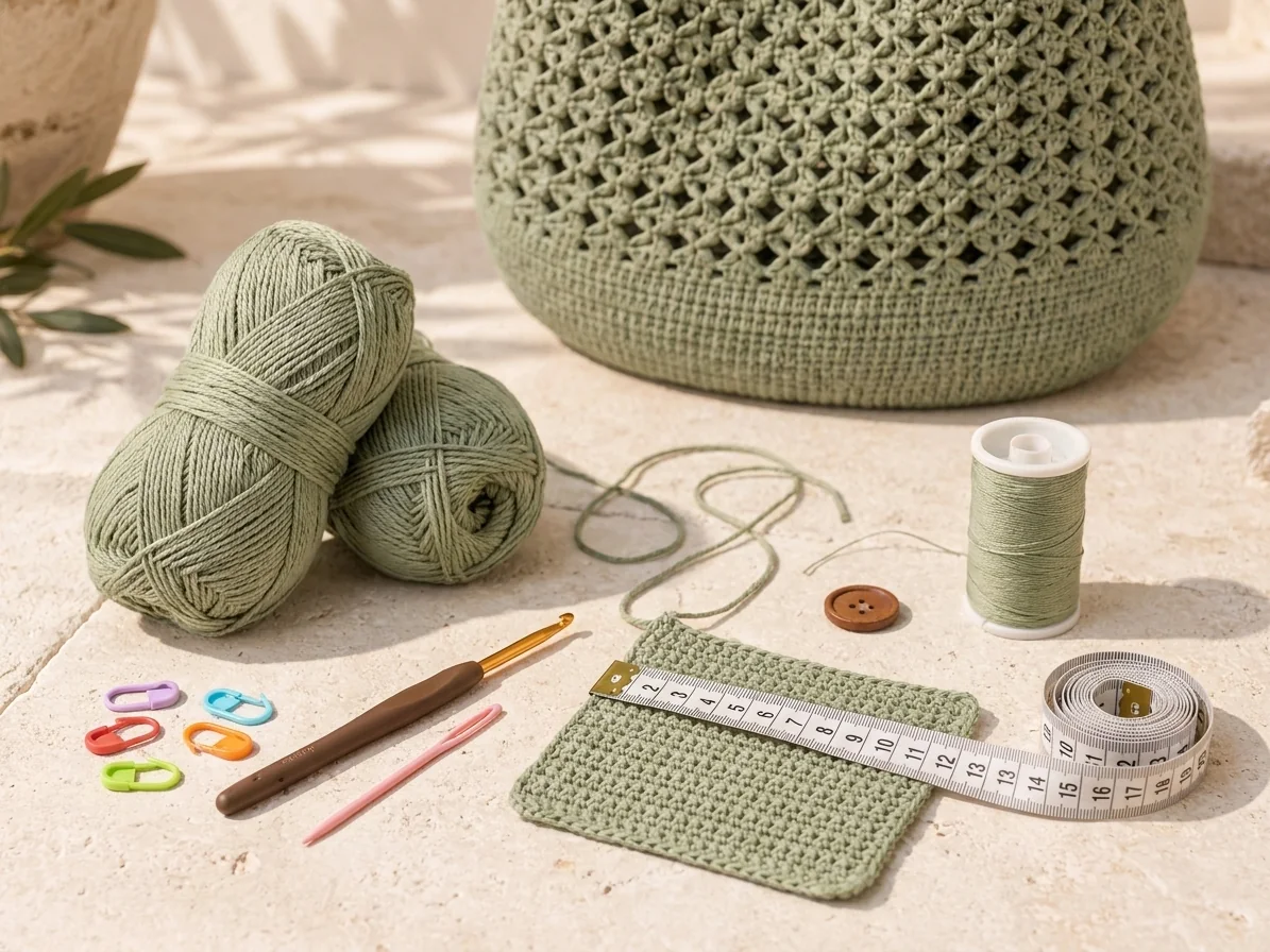 Sage green crochet tote bag pattern materials and gauge swatch