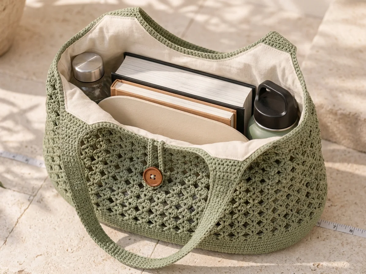 Finished sage hobo bag with button tab and lining