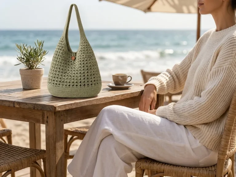 Sage Green Crochet Tote Bag