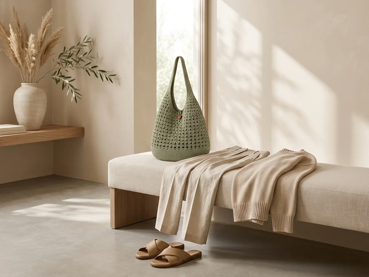 minimal neutral styling with sage tote