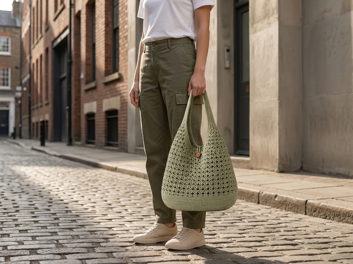 urban earthy crochet tote outfit