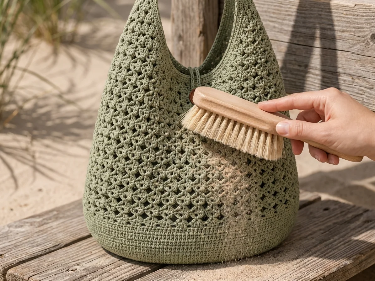 summer brushing sand from openwork tote