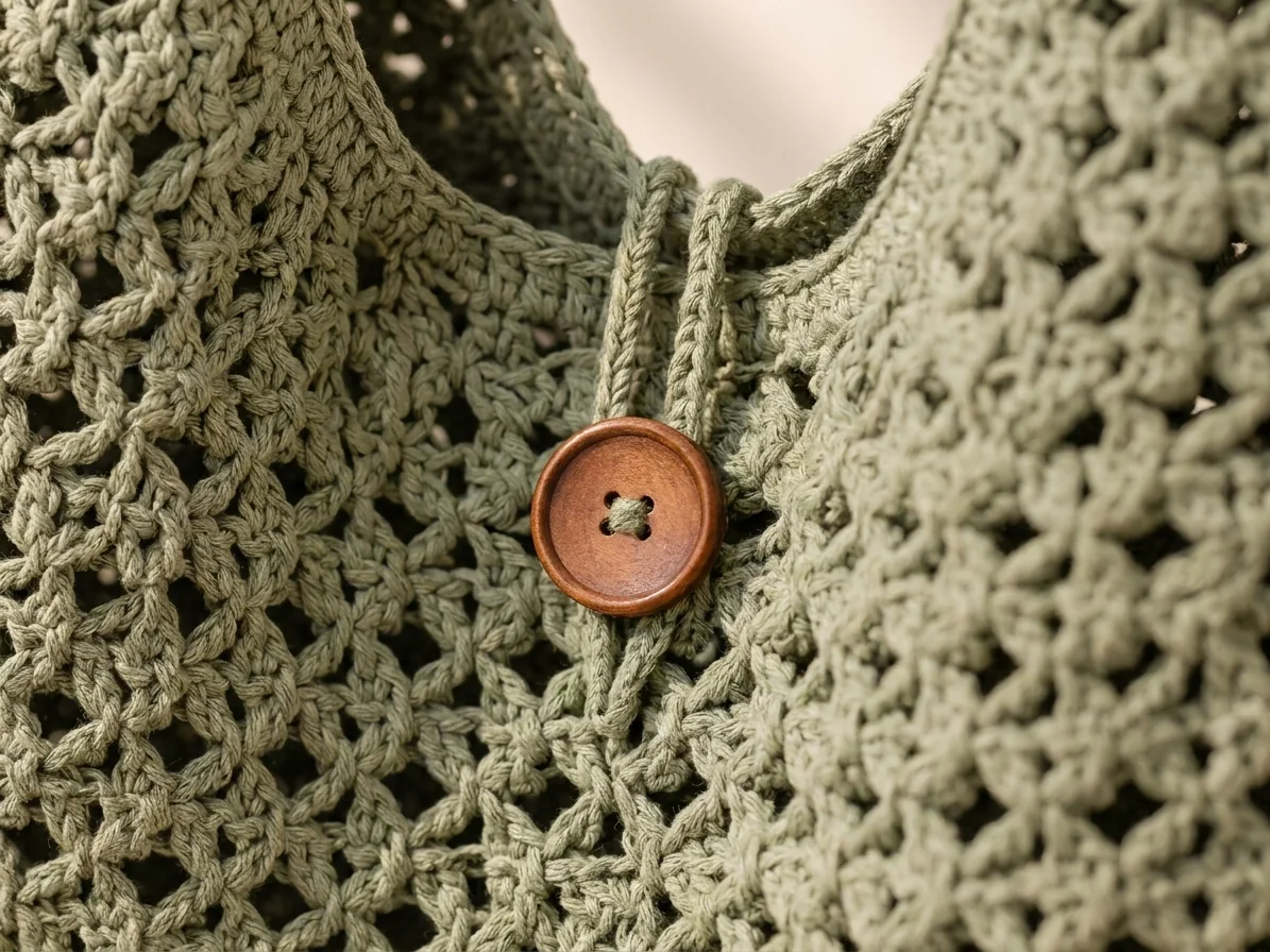 wooden button and crochet loop closure