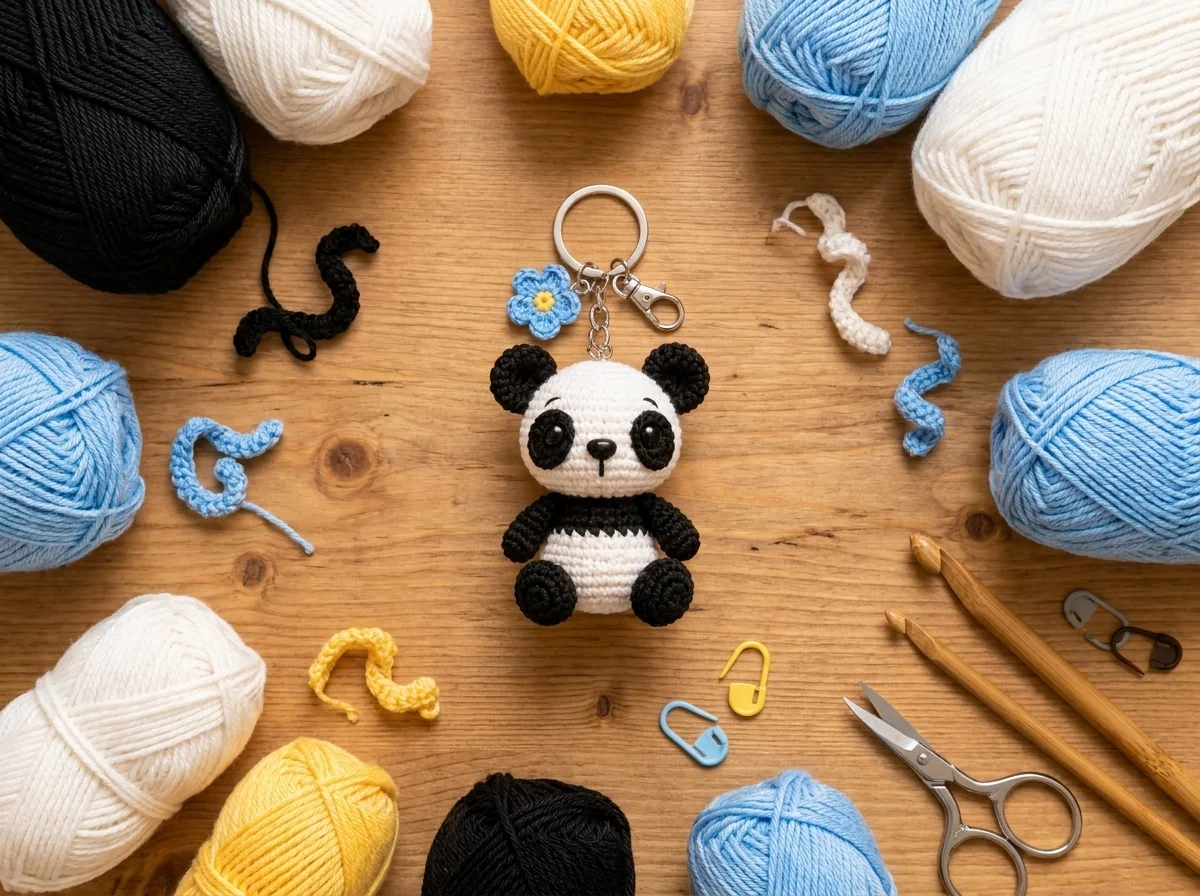 Pocket Panda surrounded by black white blue and yellow yarn scraps