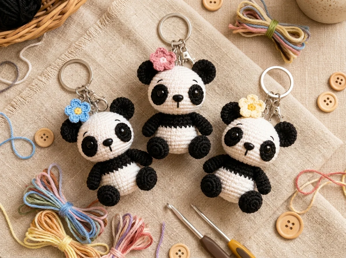 Three Pocket Panda scrap-yarn color variations