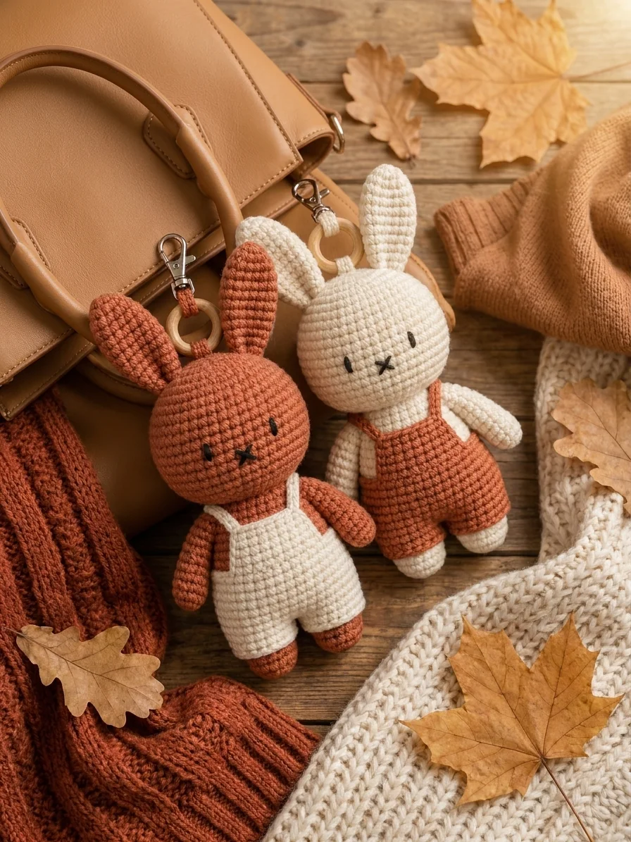 Warm Seasonal Accessories + the Full Duo with a rust and cream crochet bunny keychain