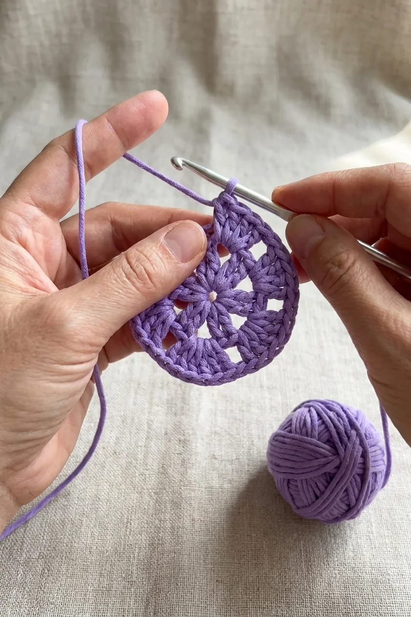 Adult hands starting the lavender shell-stitch sun cap crown from a magic ring