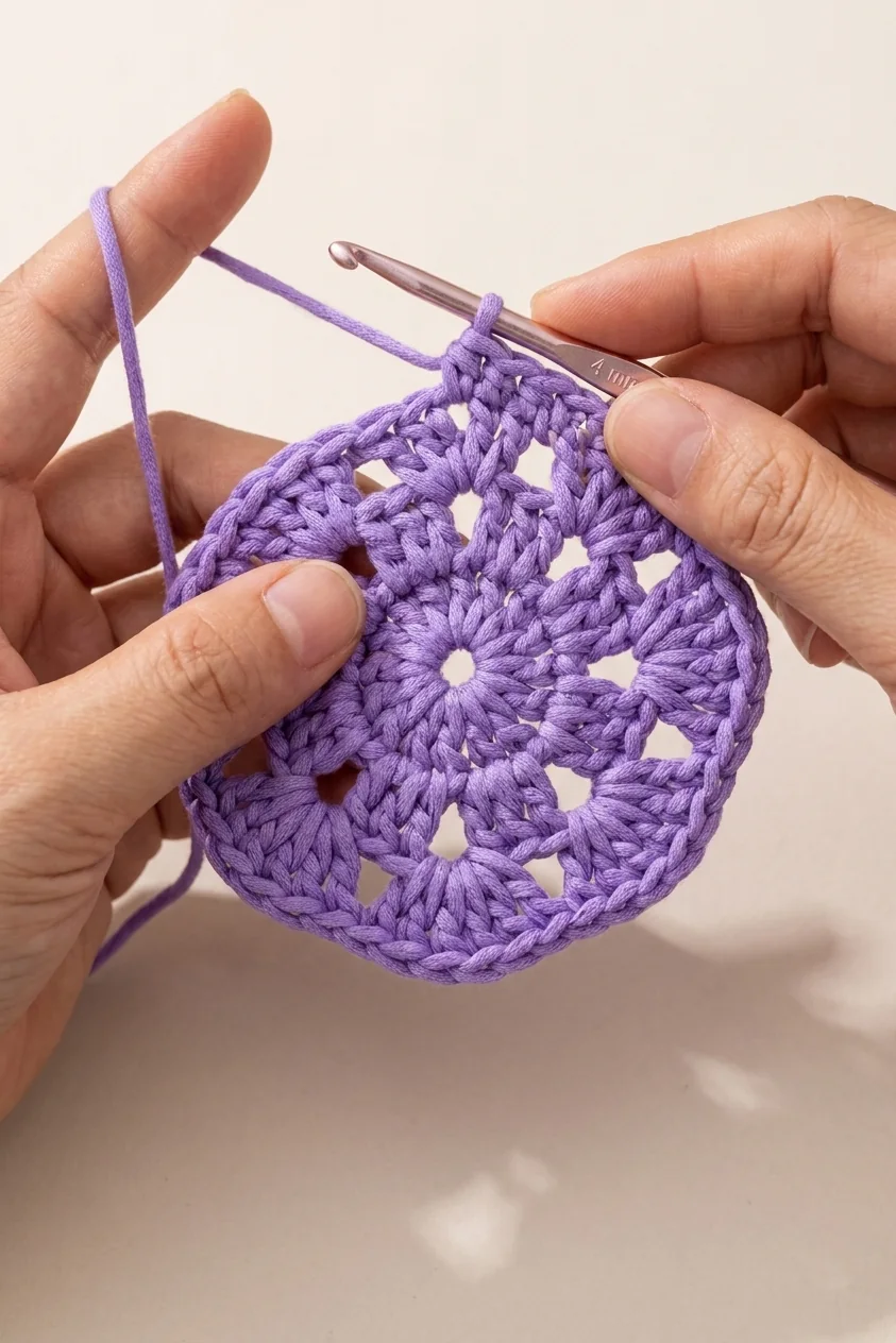 Eight lavender crochet shells worked into the crown chain spaces