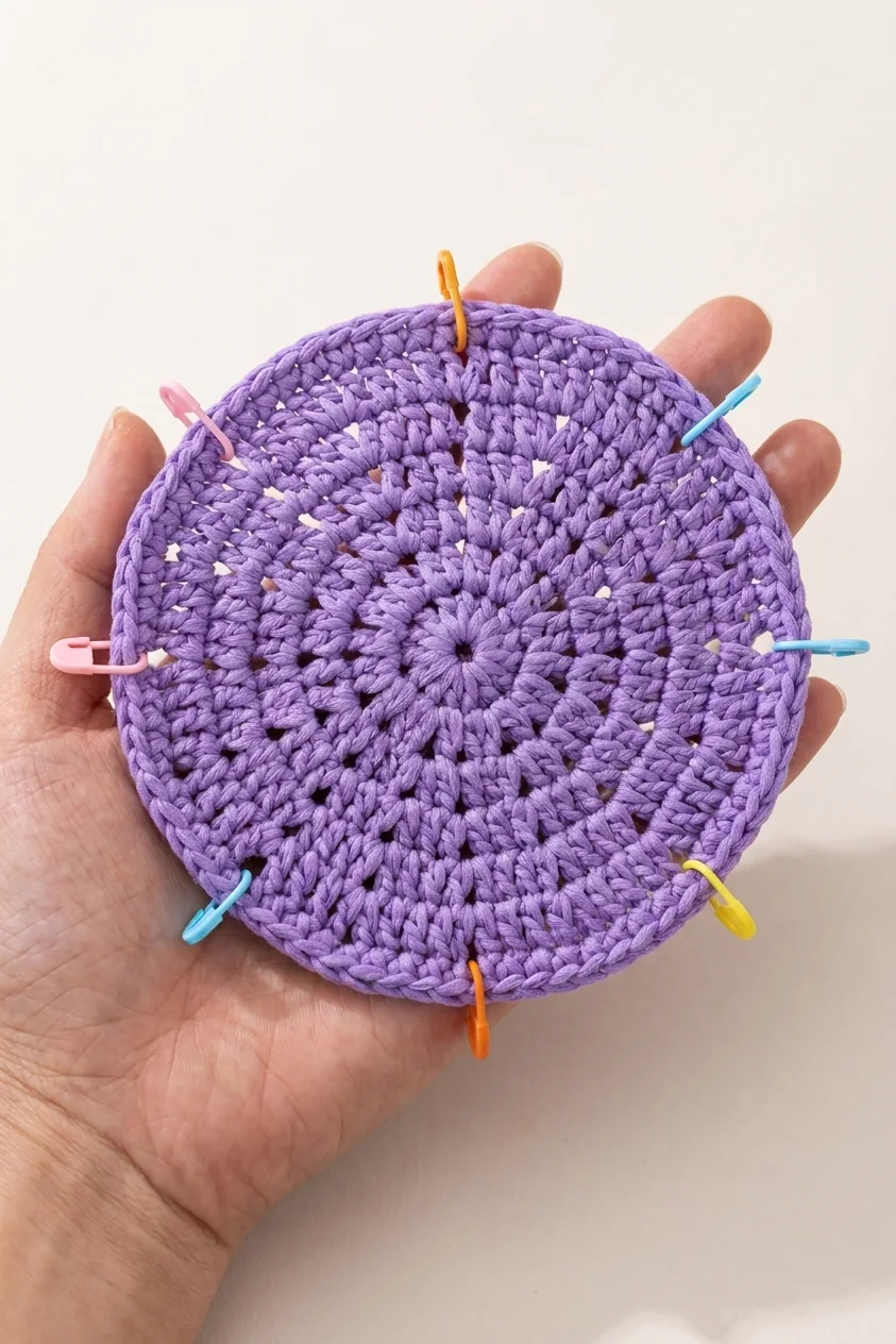 Lavender crown increased to sixteen shells with stitch markers