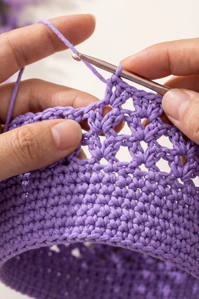 Shell mesh converting into a dense single-crochet band