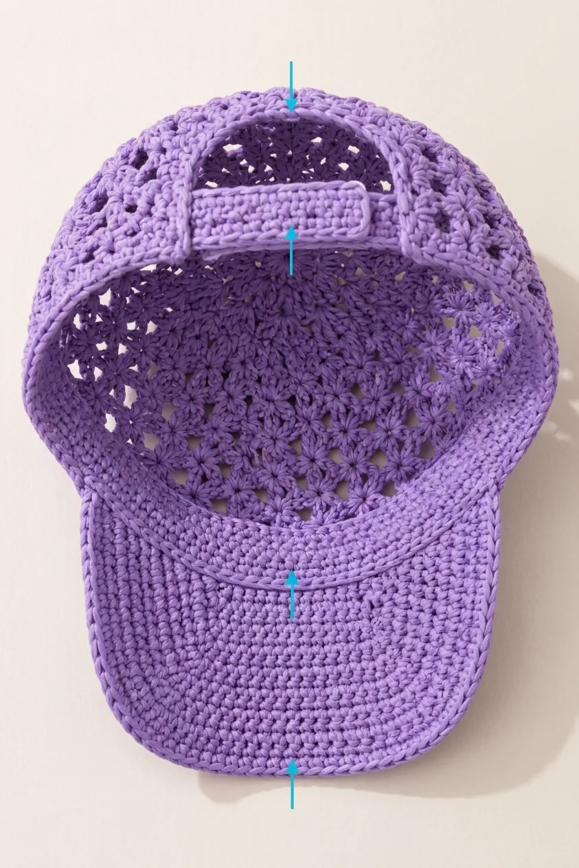 Centered front and back sections marked on the crochet cap