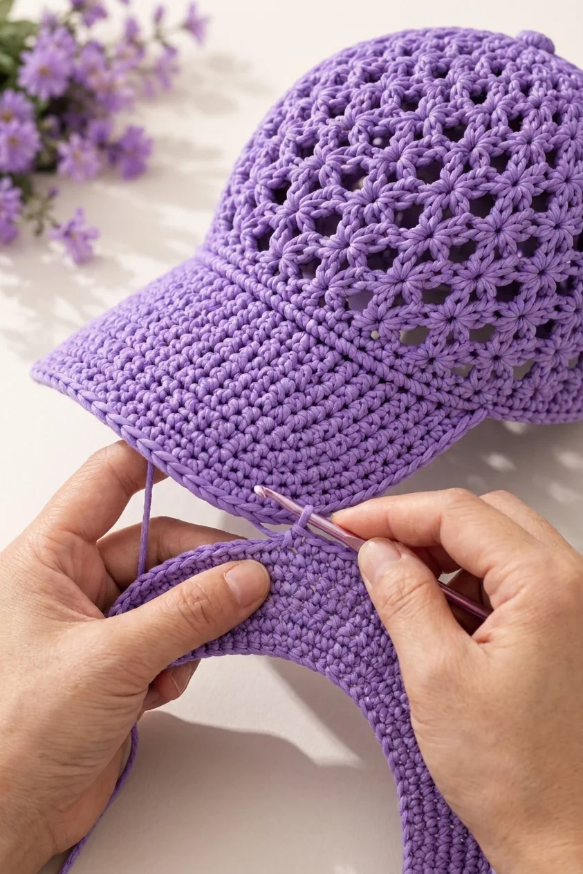 Dense lavender curved brim being crocheted from the front band