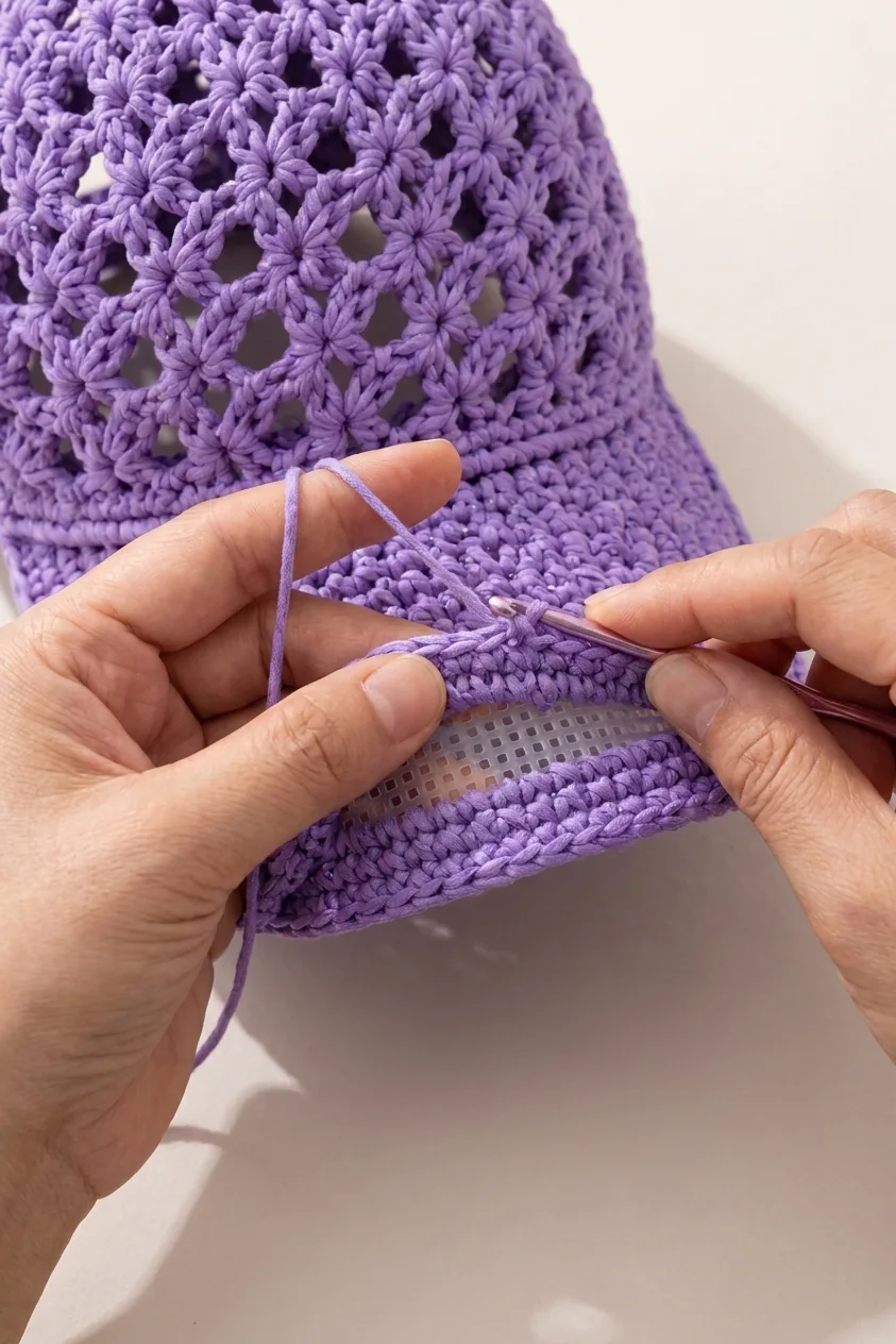 Plastic canvas enclosed between two lavender crochet brim layers