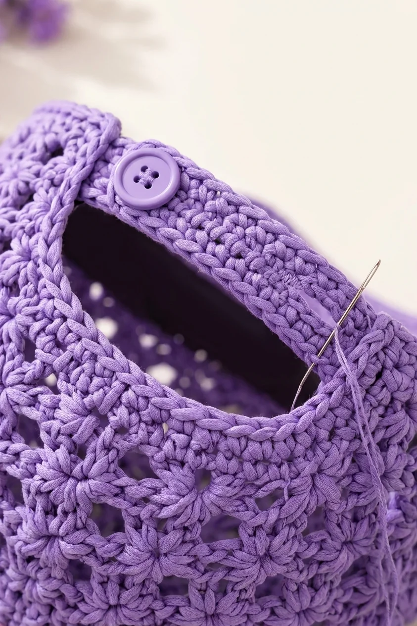 Lavender back strap with buttonhole and aligned button