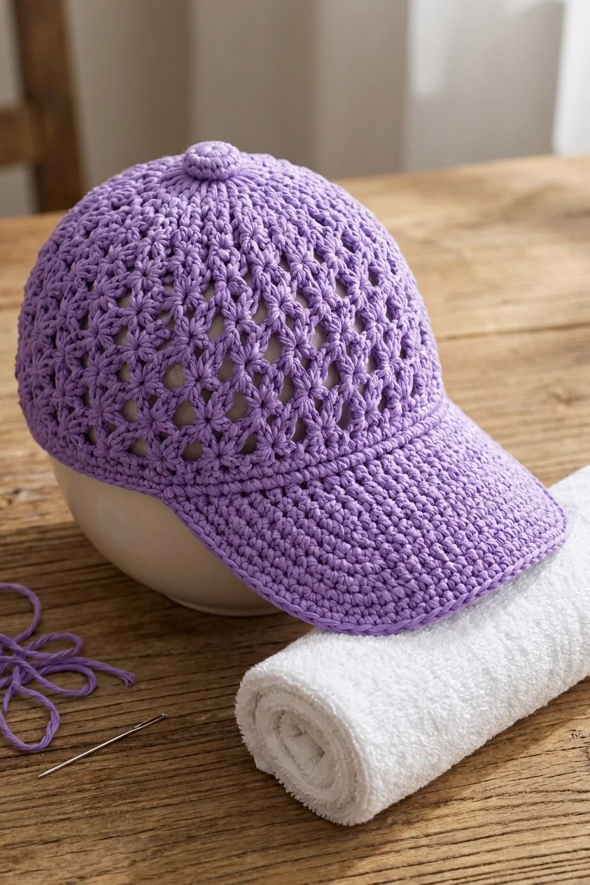 Covered crown button and lavender cap blocked over a bowl