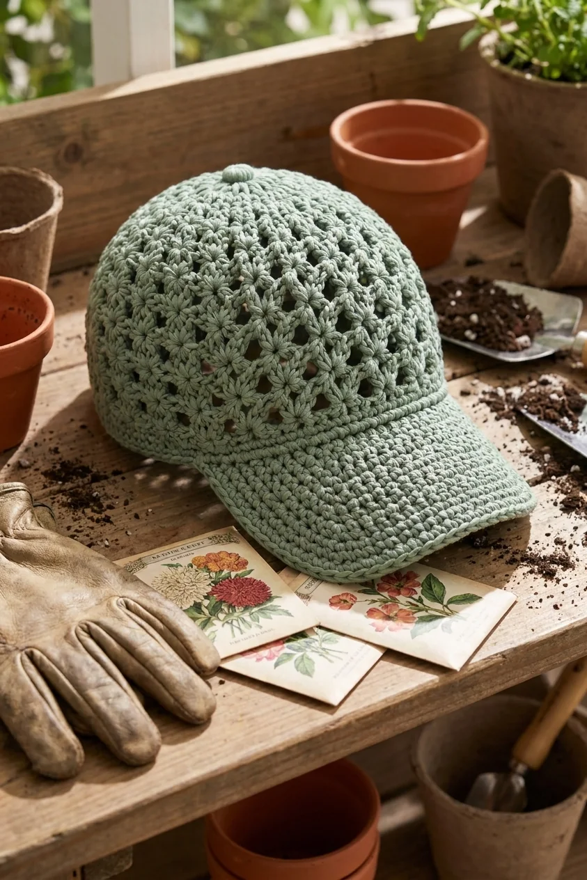 Sage shell-stitch sun cap styled as a gardening gift