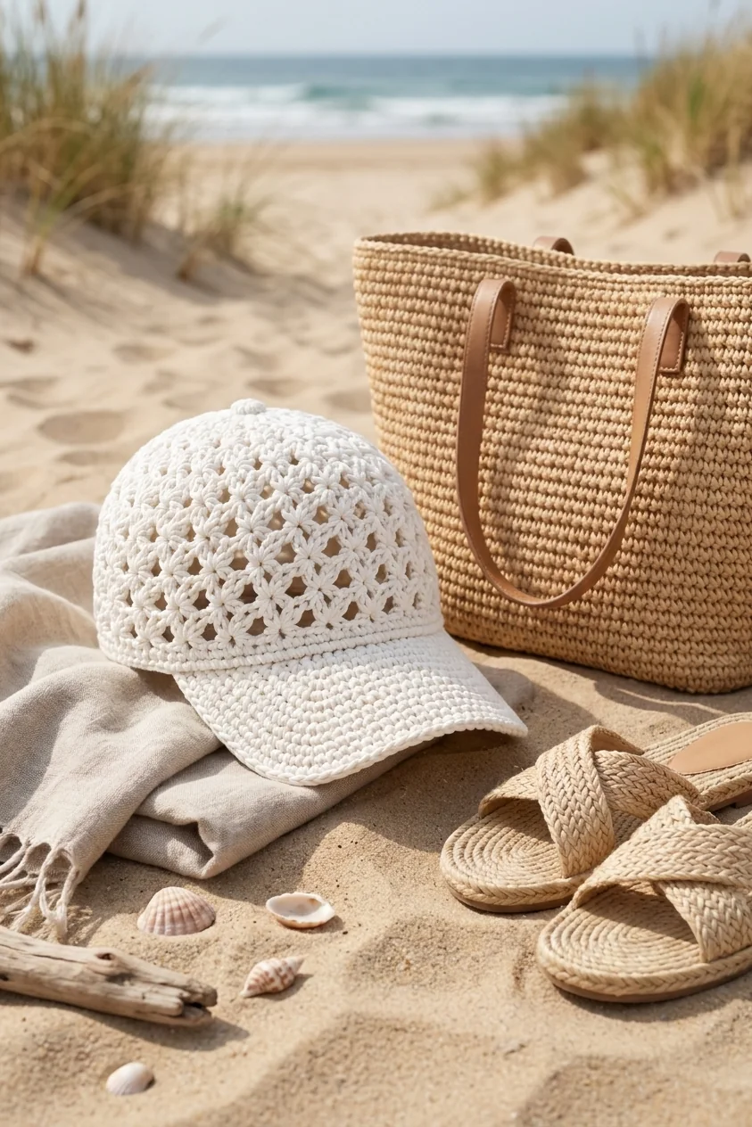 Soft white shell-stitch cap with beach accessories
