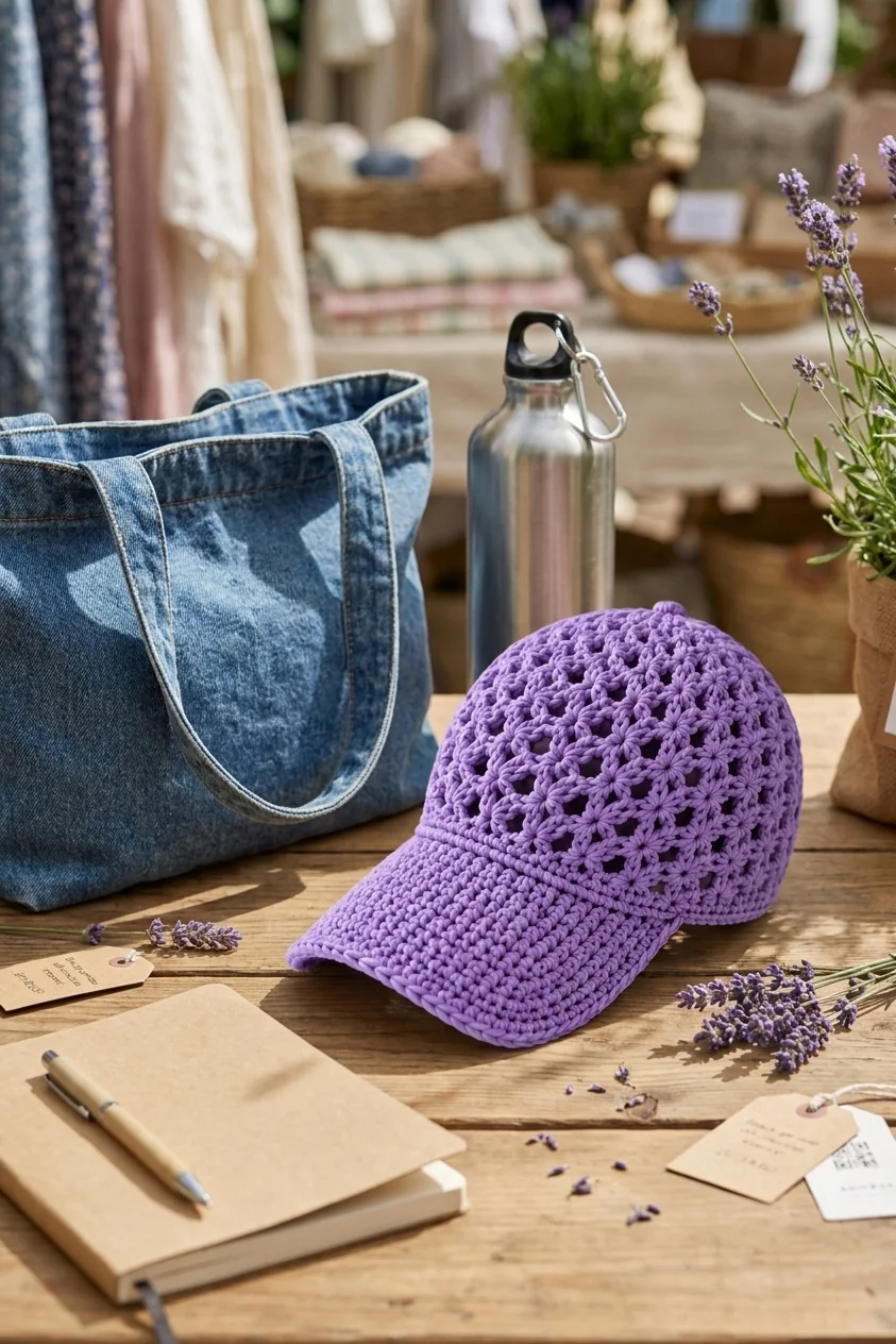 Lavender crochet sun cap beside denim market tote