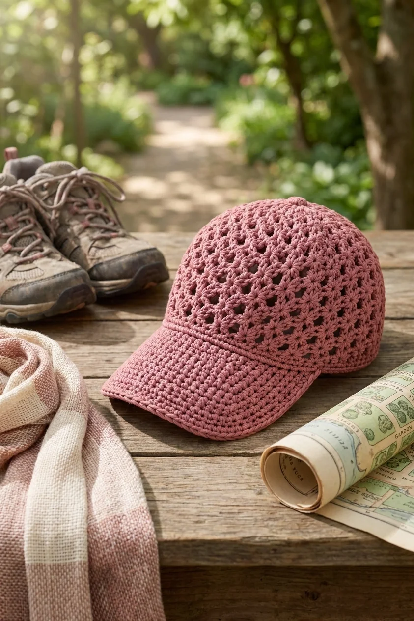 Dusty rose shell-stitch cap beside walking accessories