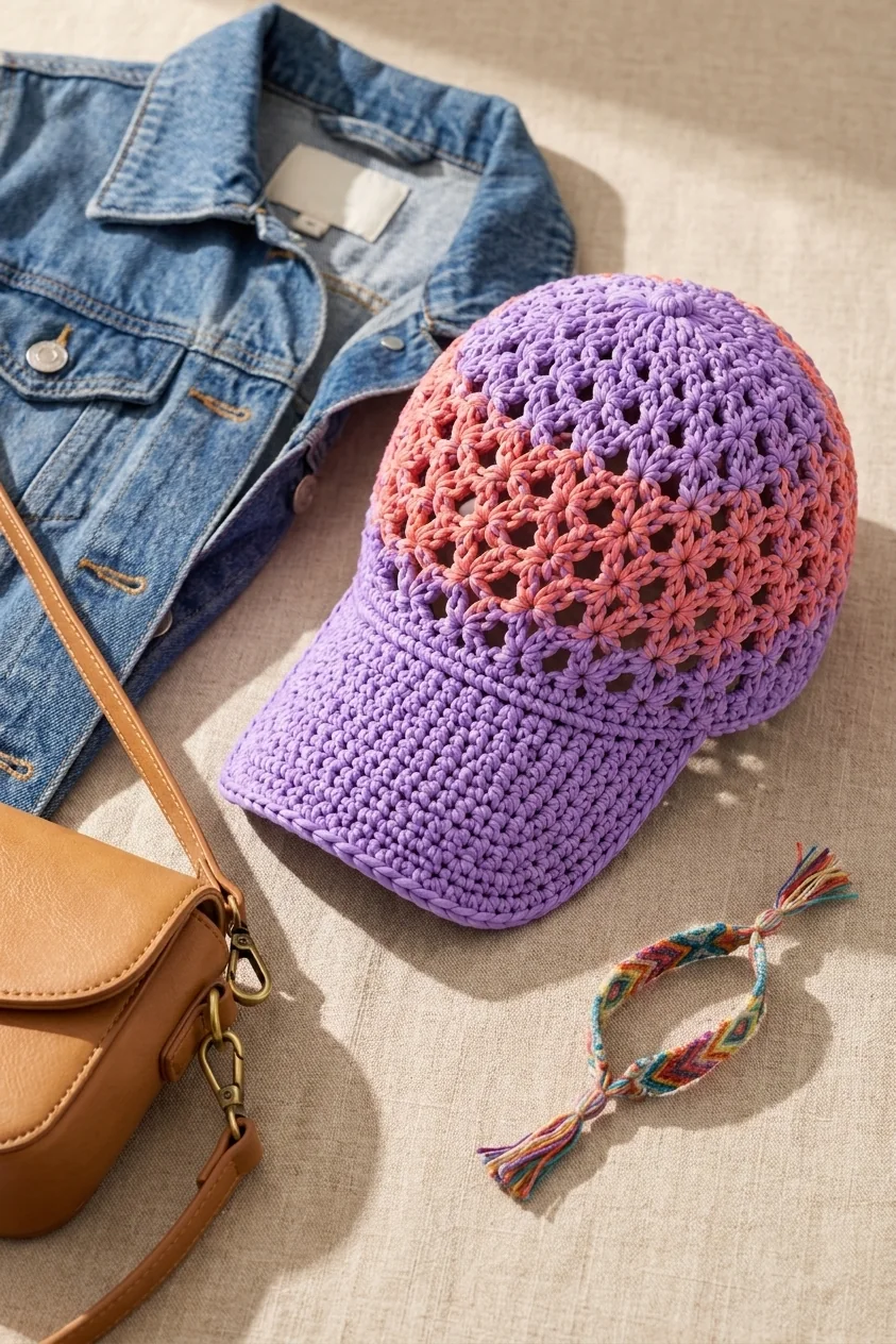 Lavender and coral crochet cap styled for a festival gift