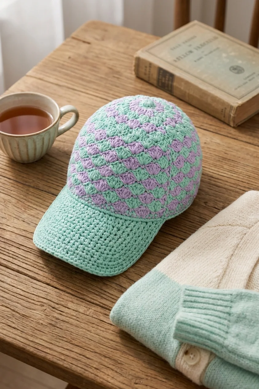 Mint and lavender adult crochet cap styled for a new parent
