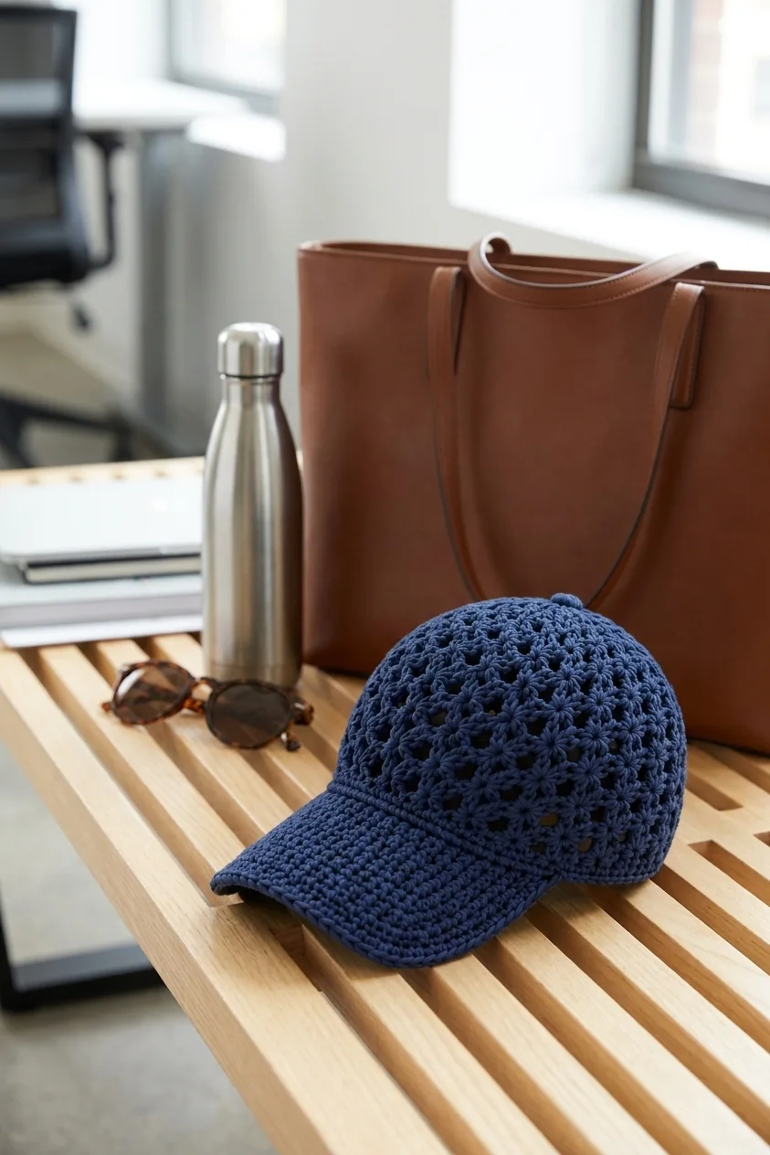 Navy shell-stitch cap styled as a professional colleague gift