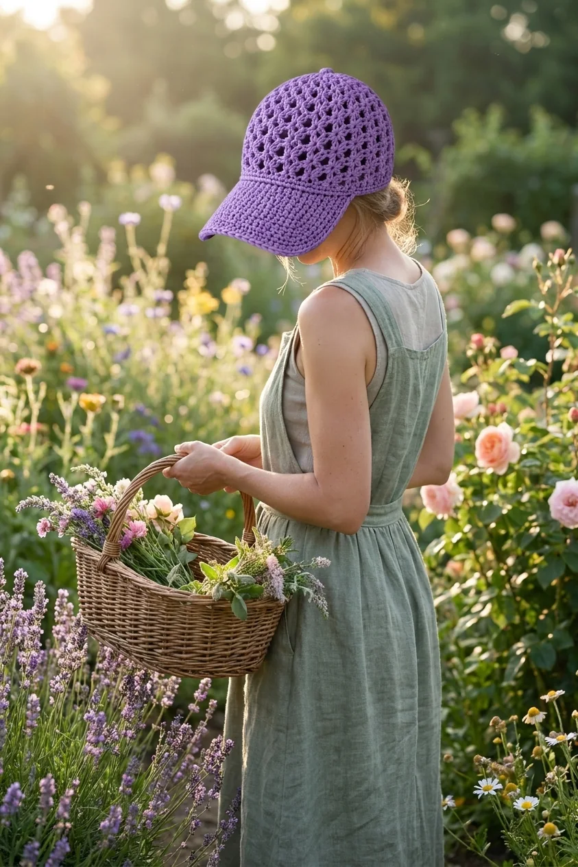 Lavender crochet sun cap with a sage linen garden dress