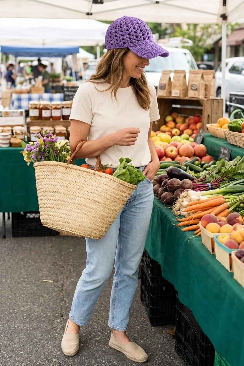 Lavender crochet sun cap with cream tee and denim at a market