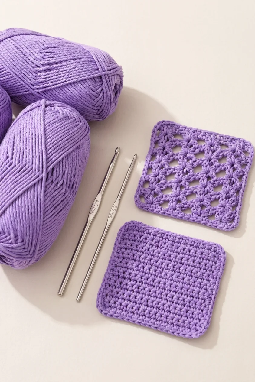 Lavender DK cotton with shell and single-crochet swatches