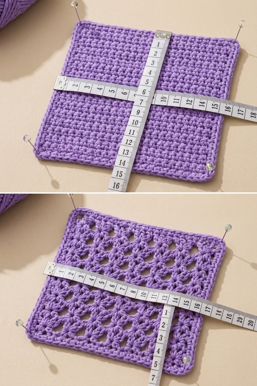 Dense and openwork gauge swatches measured for a crochet cap