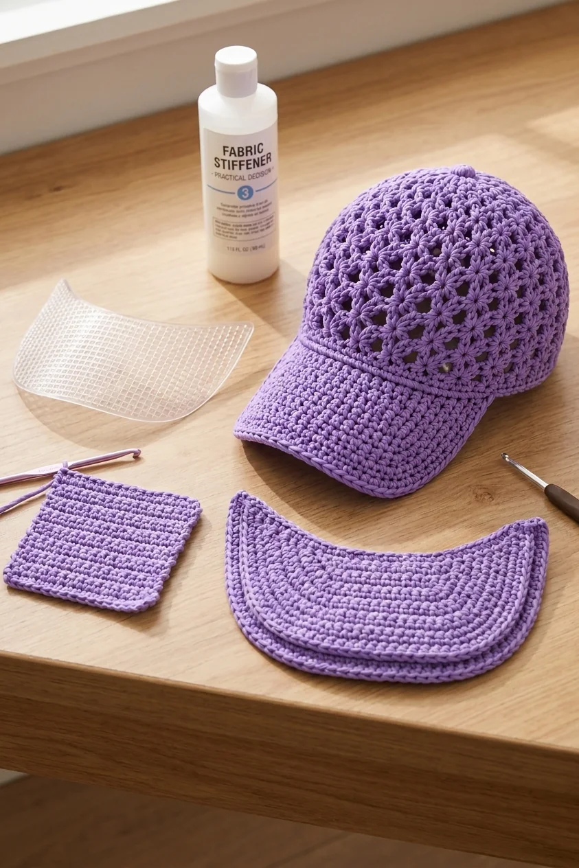 Plastic canvas and other brim-stiffening options beside crochet cap