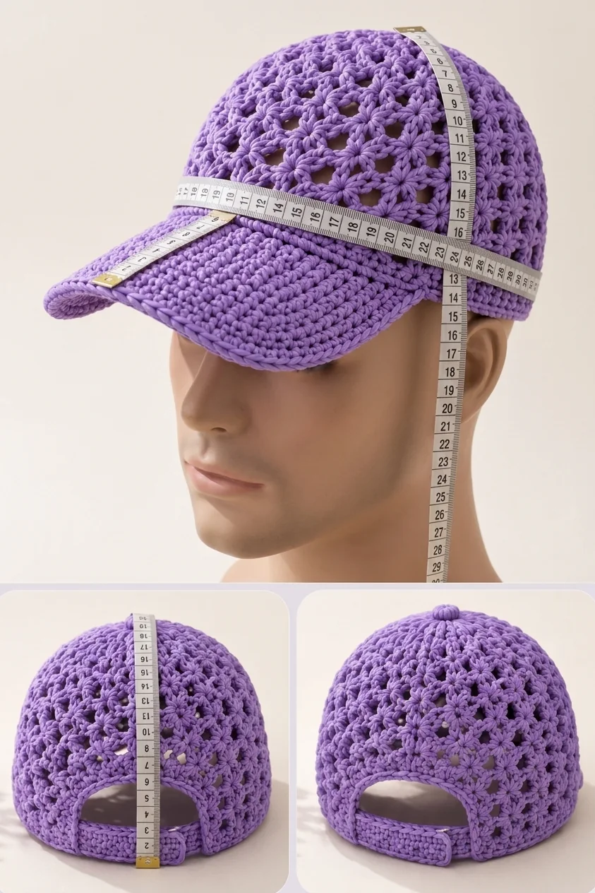 Lavender adult crochet cap being measured on a mannequin