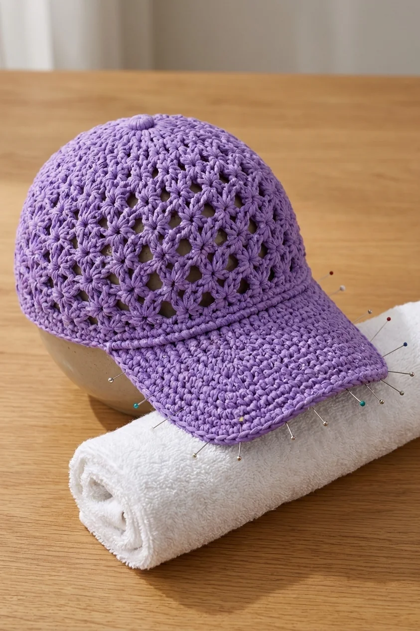 Lavender crochet cap blocked over a bowl with curved brim support