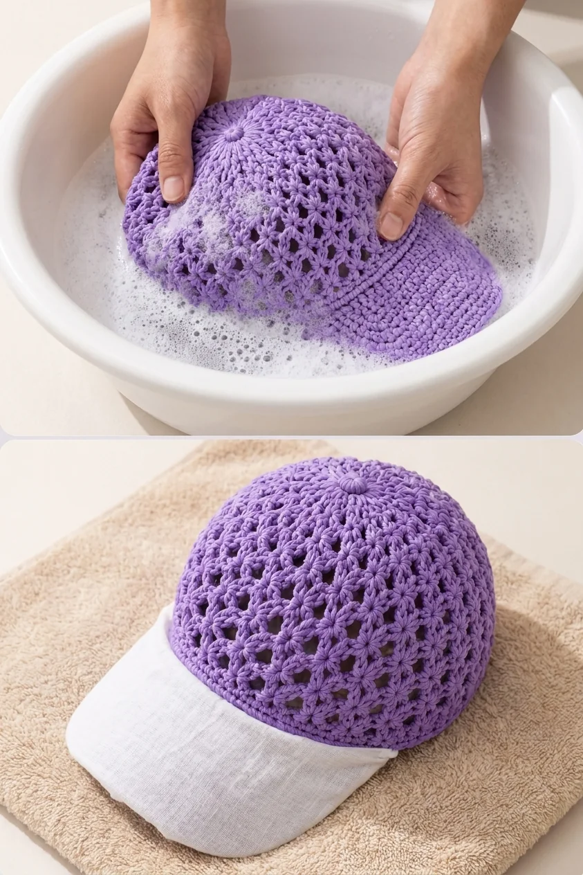 Adult hands washing and reshaping a lavender cotton crochet cap