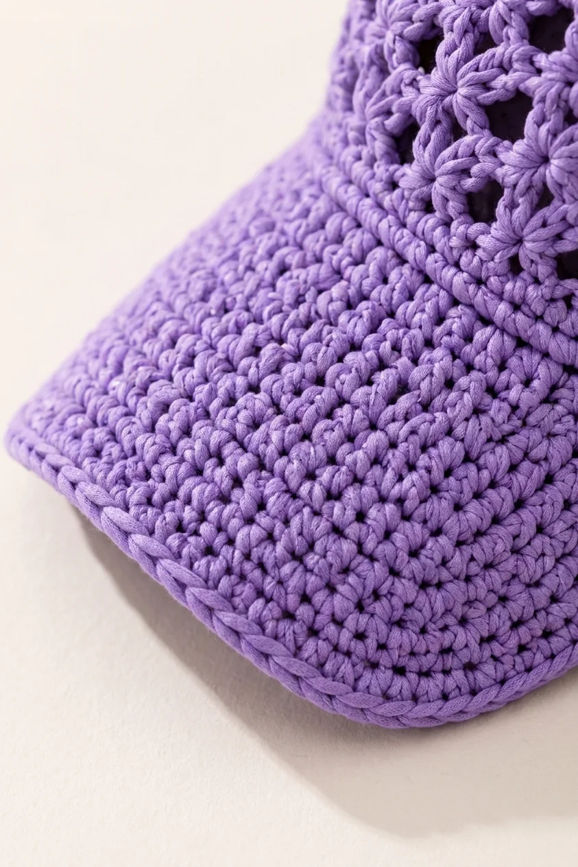 Curved lavender single-crochet brim close-up