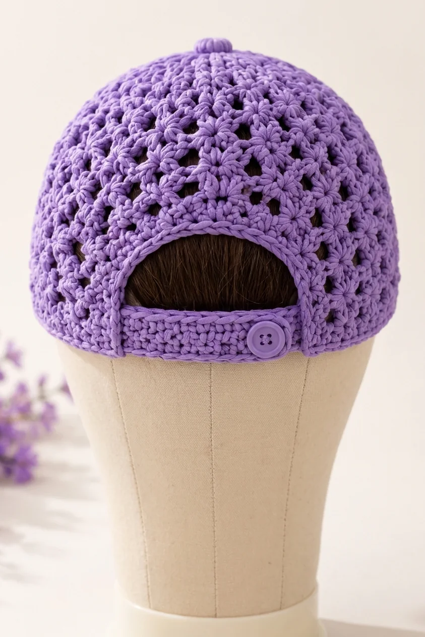 Rear button-back opening on lavender crochet cap
