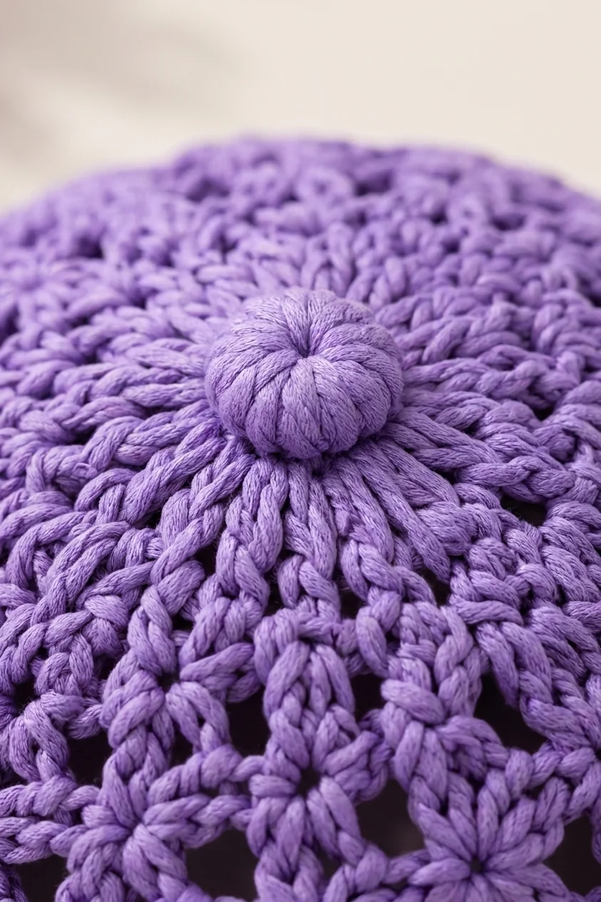 Lavender covered crochet button at crown apex