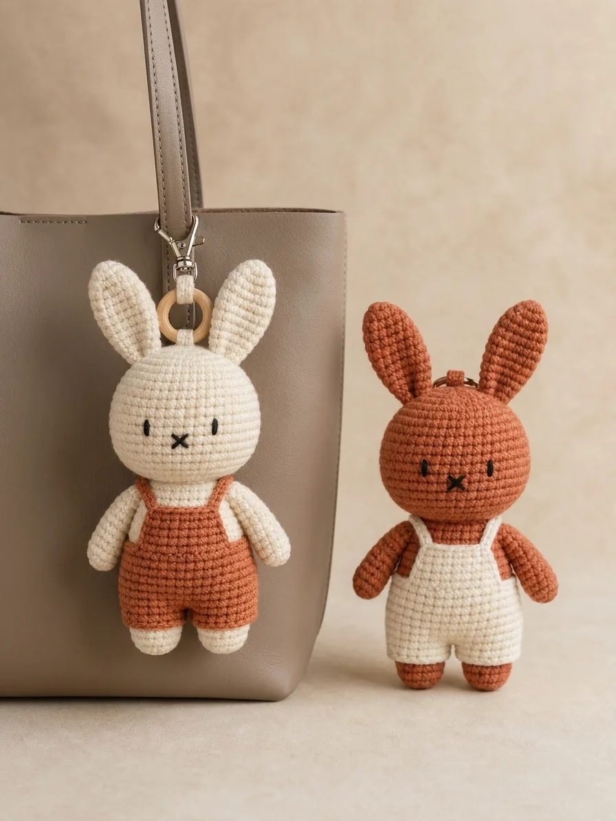 Single Charm vs. Coordinated Duo with a rust and cream crochet bunny keychain