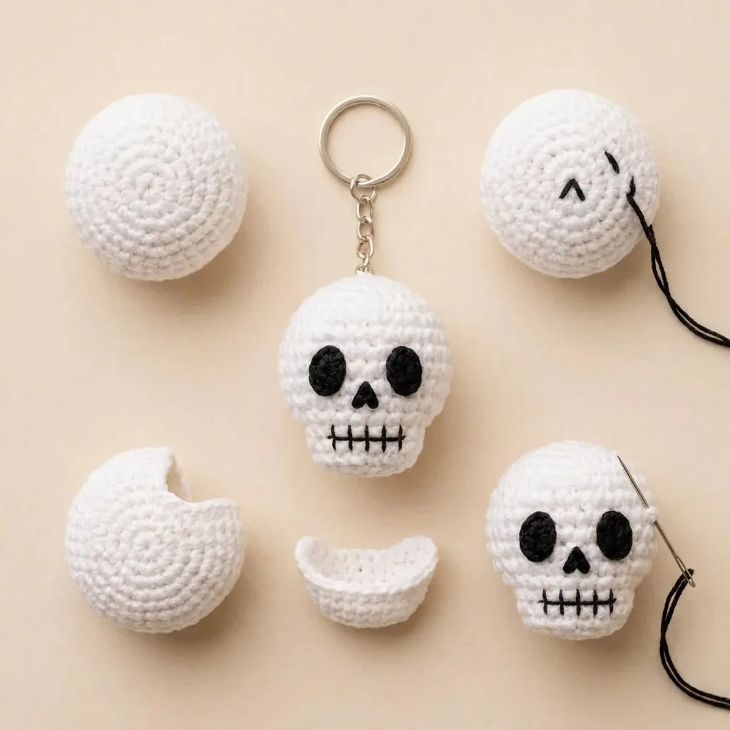 White skull crochet keychain pattern with sphere shaping jaw and embroidery stages