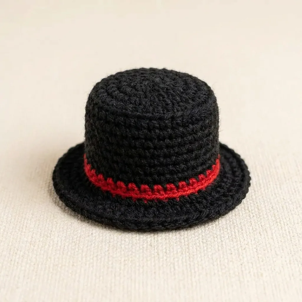 Black crochet top hat with red band