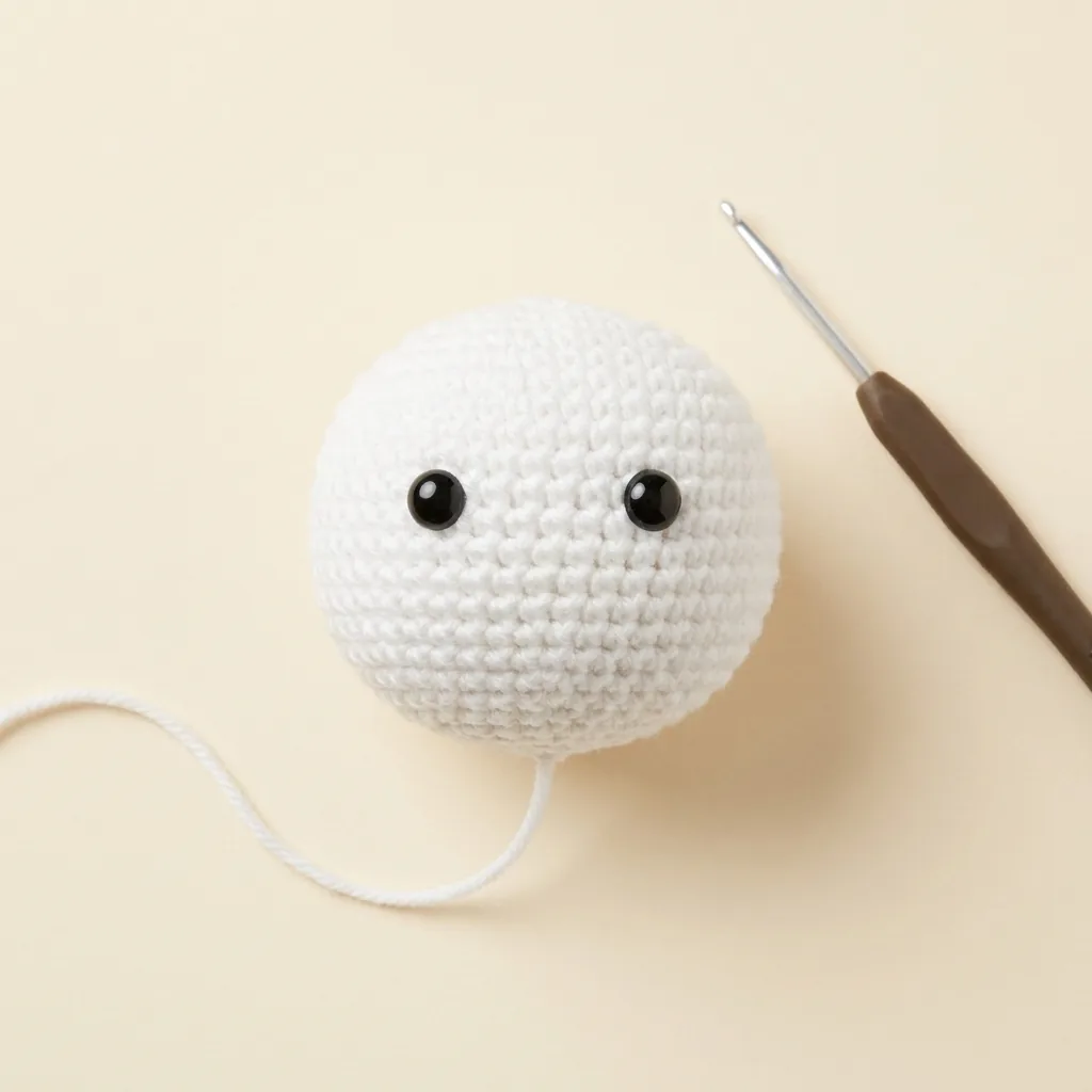 White crochet snowman head with safety eyes