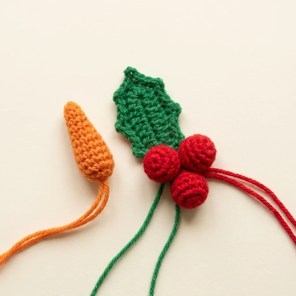 Orange carrot nose green holly leaf and three red berries