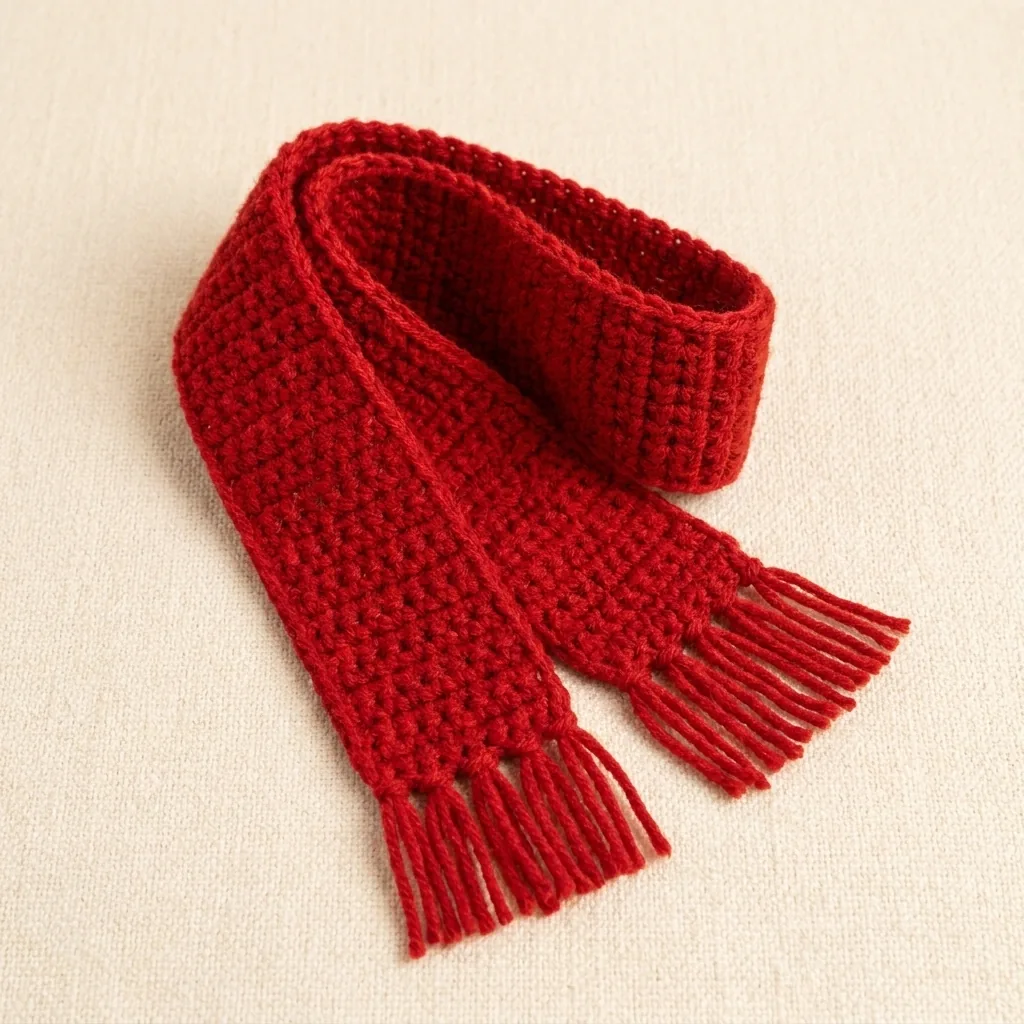 Long red crochet scarf with fringe